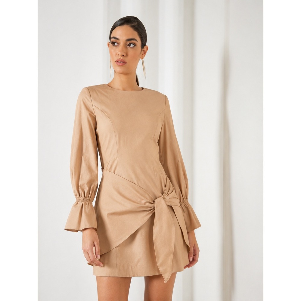 ELLIATT Camel Tan Tie Front Puff Sleeve Mini Dress Size Medium